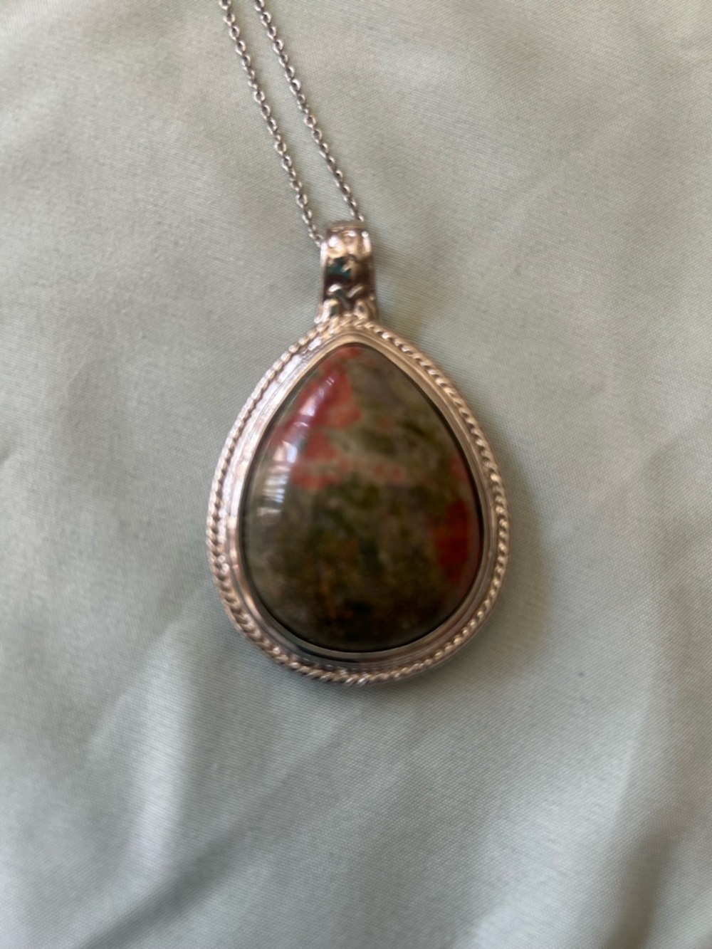 Sterling Silver Teardrop Jasper Pendant Necklace - Green & Red Stone